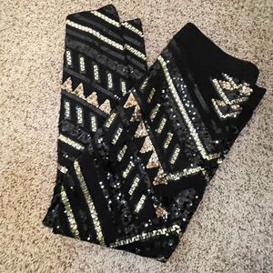 Express black and gold sequined geometric, art-deco patterned leggings - Large
